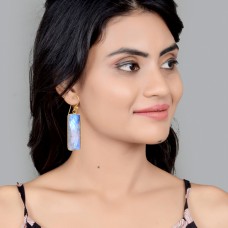 Rainbow moonstone rectangle silver bezel earring